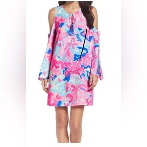 Lilly Pulitzer Pink and Blue Midi Dress with Bell Sleeves, Keyhole Tie, NWOT, L